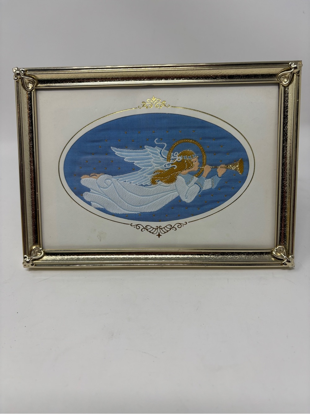 Vintage 1980s Hallmark Christmas Card Framed Textured Herald Angel with Trumpet